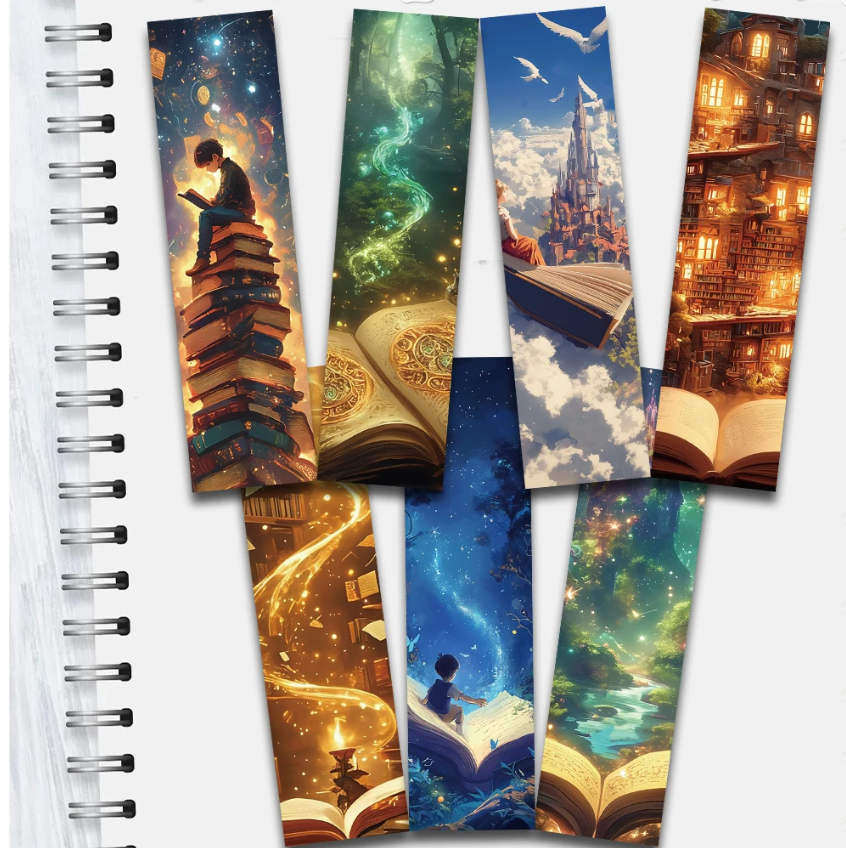 Lot de 5 marque-pages en carton, pour loisirs créatifs, scrapbooking, livres, univers fantastique, bibliothèque, château, couleurs vives, magie, imagination, aléatoires