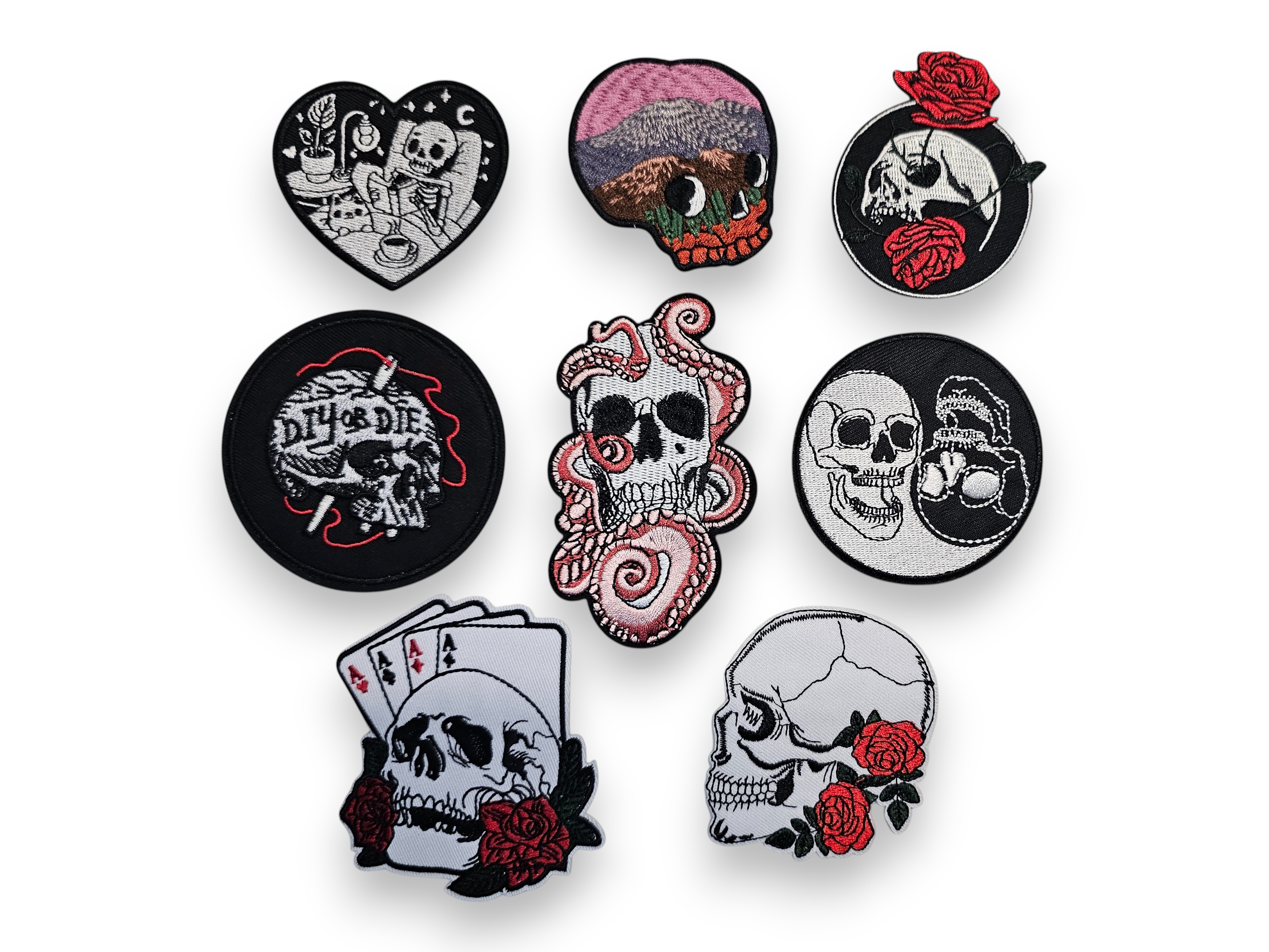 Embroided Patch, Iron on, Glue, Craft supply, Embroidery, Fabric, Gothic, Halloween, spooky, Skull, heart, rose, diy, tentacle, ying yang, card