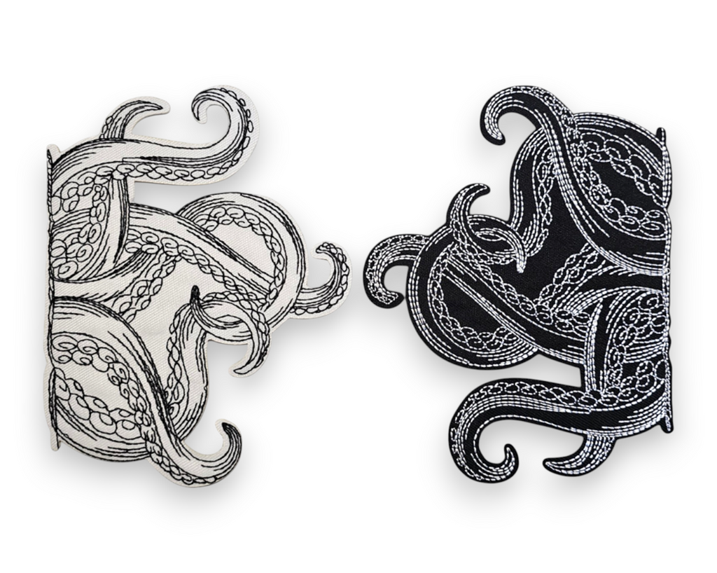 Embroided Patch, Iron on, Glue, Craft supply, Embroidery, Fabric, Tentacles, octopus, steampunk, animal, black, white, medium