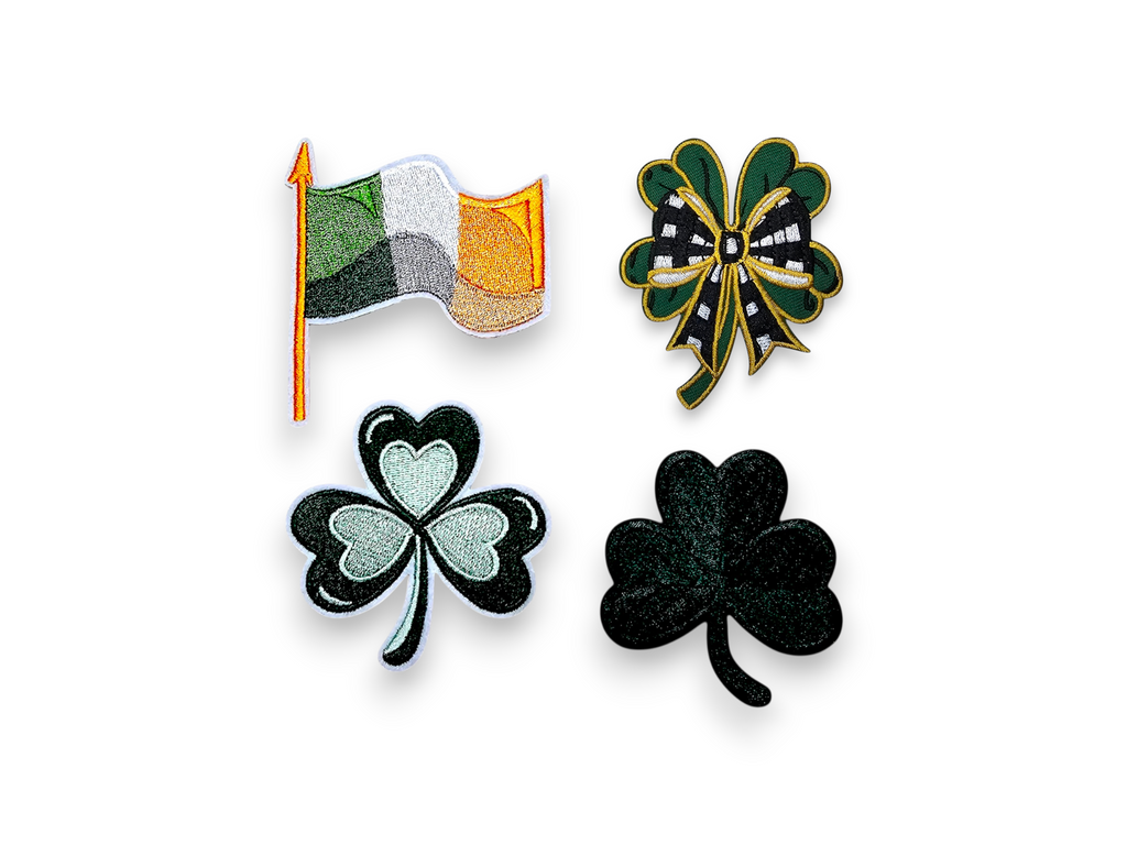 Écusson brodé, thermocollant, colle, matériel de loisirs créatifs, broderie, tissu, drapeau irlandais, trèfle, Saint-Patrick, nœud papillon, vert